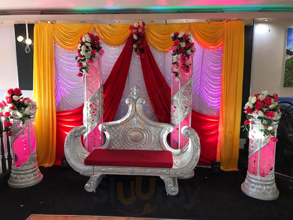 The stage dressed for a celebration