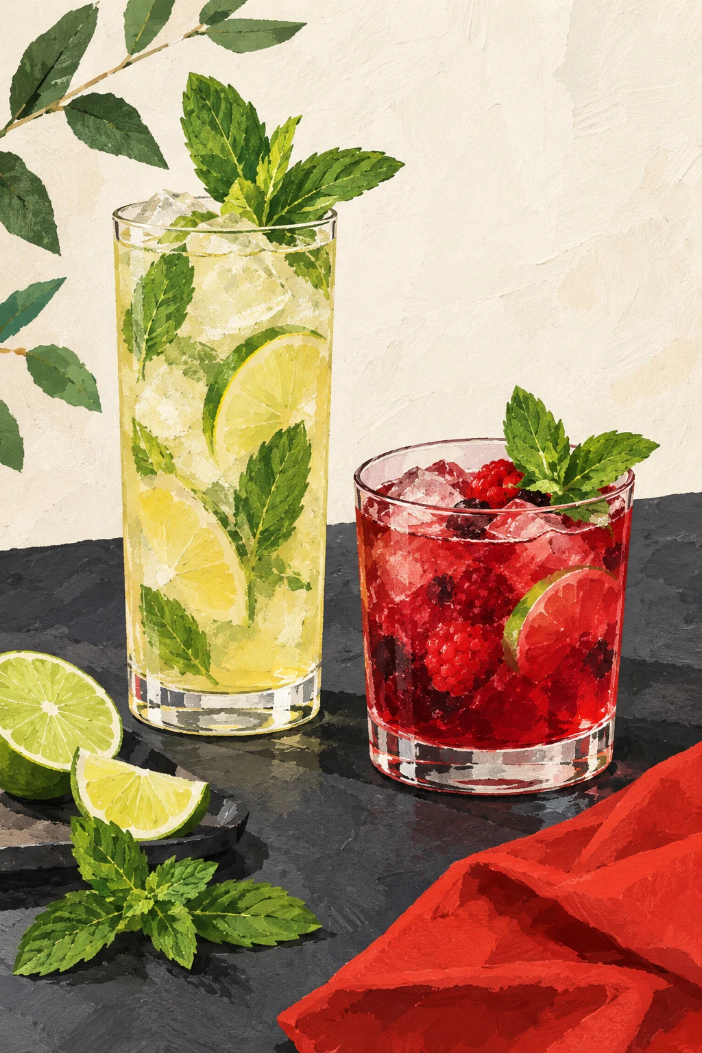 Original illustration of citrus and berry drinks