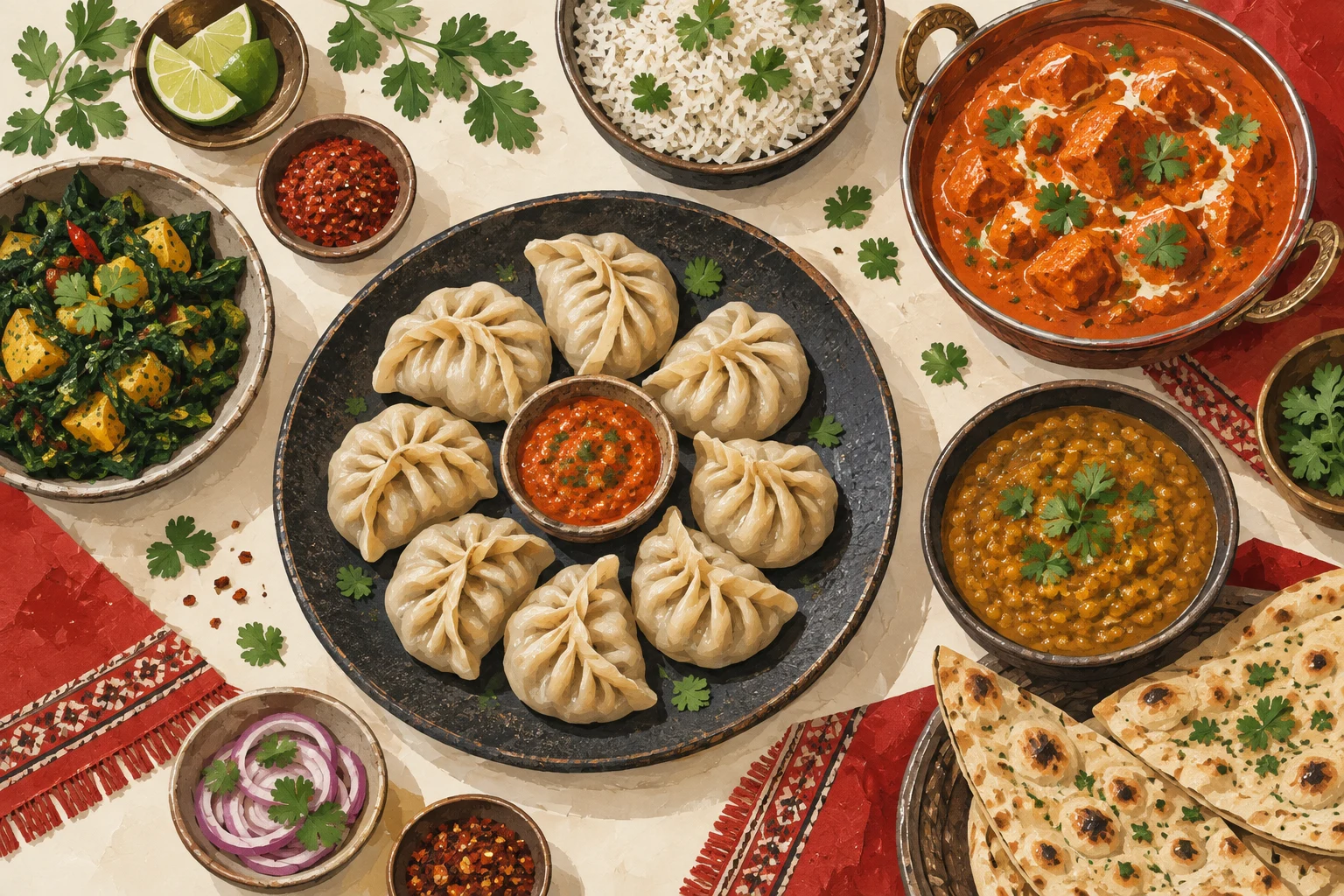 Original illustration of dumplings, curries, rice and flatbread